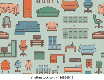 Furniture seamless pattern in retro style. Vector background