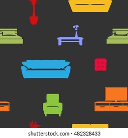 Furniture seamless pattern with sofa and chair tv stand and coffee table on black background vector illustration