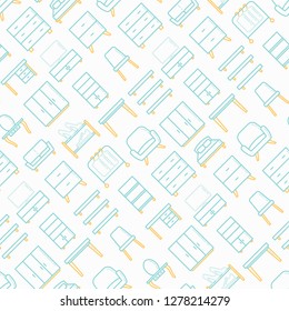 Furniture seamless pattern with thin line icons: dressing table, sofa, armchair, wardrobe, chair, table, bookcase, bed, clothes rack, desk, wall shelves. Elements of interior. Vector illustration.