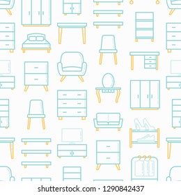 Furniture seamless pattern with thin line icons: dressing table, sofa, armchair, wardrobe, chair, table, bookcase, clothes rack, desk, wall shelves. Elements of interior. Vector illustration.