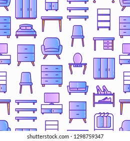 Furniture seamless pattern with thin line icons: dressing table, sofa, armchair, wardrobe, chair, table, bookcase, bed, clothes rack, desk, wall shelves. Elements of interior. Vector illustration.