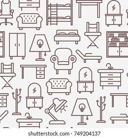 Furniture seamless pattern with thin line icons of coach, bookcase, bed,  dresser, chair, lamp, floor hanger. Modern vector illustration for banner, web page, print media.