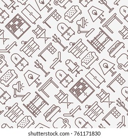 Furniture seamless pattern with thin line icons of coach, bookcase, bed,  dresser, chair, lamp, floor hanger. Modern vector illustration.