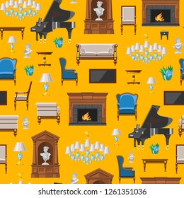 Furniture seamless pattern vector furnishings design of living-room backdrop furnished interior in apartment sofa table arm-chair to furnish room illustration background