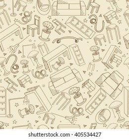 Furniture seamless retro line art design vector illustration. Separate objects. Hand drawn doodle design elements.