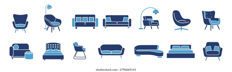 Furniture seating icon set with sofas chairs benches and editable outline vector collection