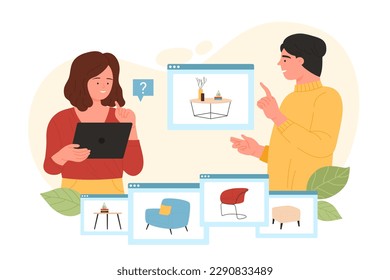 Furniture selection in online shopping vector illustration. Cartoon woman holding tablet to find on screen correct modern item for home interior design, clients choose in digital store exhibition