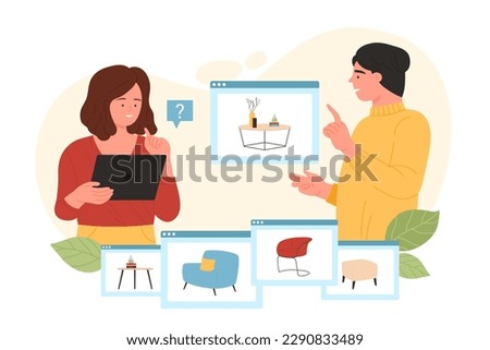 Furniture selection in online shopping vector illustration. Cartoon woman holding tablet to find on screen correct modern item for home interior design, clients choose in digital store exhibition