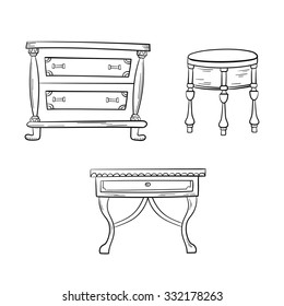Furniture set: antique bureau, tables isolated on a white background. Vector drawing lines.