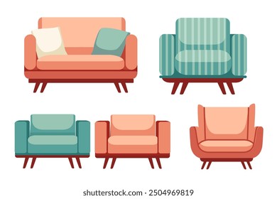 Furniture set with armchair, comfortable design. Suitable for vintage decor themes, furniture collections, and interior design blogs. Vector illustration isolated on white background