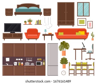 Furniture set. Bedroom, kitchen, dining room. Vector flat illustration.