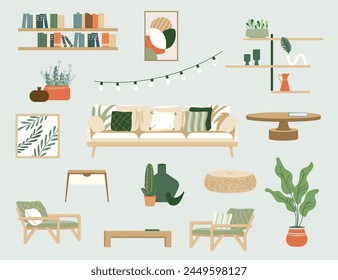 Furniture set for boho style living room interior design. Sofa, pillows, armchairs, bookshelves, plants, table. Modern interior design in Scandinavian Style combination of trendy earth tones. Vector