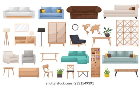 Conjunto de muebles. Colección de elementos interiores para un interior acogedor y aislado. Mobiliario de diseño. Ilustración vectorial del mobiliario de la sala de estar en estilo moderno de mediados de siglo.