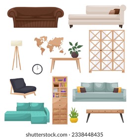 Furniture set. Collection of interior items for a cozy isolated interior. Designer trendy furniture. Vector illustration of living room furniture in mid century modern style.