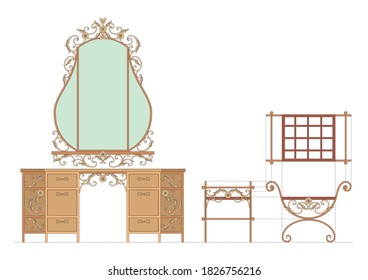 Furniture set. Complete with mirror.   Metal wall mirror. Isolated over white background. Perfect elegance.