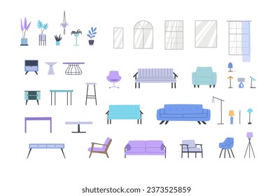 Furniture set of couches, armchairs, tables, drawers, lamps, windows, flowerpots for constructing interior designs.