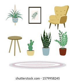 Furniture set cozy home interior of house plants, coffee table, comfort armchair and home decorations. Comfortable interior in decorated in Scandinavian style. Flat vector illustration.