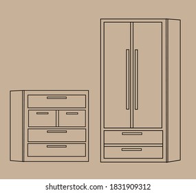 Furniture set. Cozy interior. Wardrobe, chest of drawers, red and yellow armchair, green armchair, green sofa, wooden furniture. Isolated vector objects. Can be scaled and rearranged.