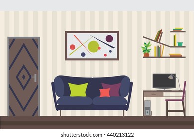 Furniture Set. Flat Vector Illustration for you Interior Design. Elevation with Door, Sofa, Table, Chair.