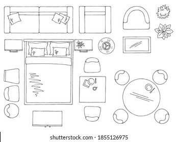 Furniture set floor plan architect design element graphic black white top sketch aerial view isolated illustration vector