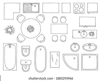 Mobiliario conjunto diseño del plano de planta elemento gráfico blanco negro plano plano vista aérea ilustración aislada vector