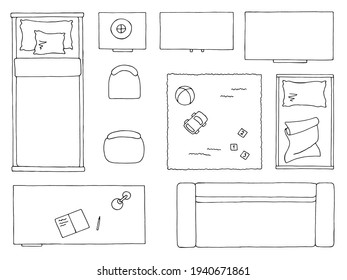 Mobiliario diseño de plano de planta niños elemento de habitación gráfico blanco arriba plano vista aérea ilustración aislada vector