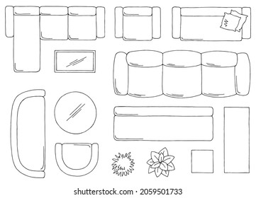 Furniture set floor plan architect design element graphic coloring top sketch aerial view isolated illustration vector 