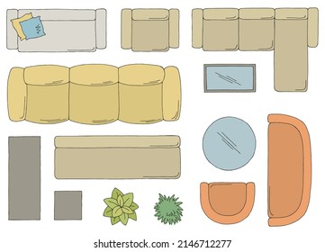 Furniture set floor plan architect design element graphic color top sketch aerial view isolated illustration vector 