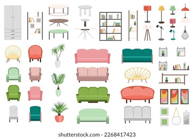 Furniture set graphic elements in flat design. Bundle of different tables, lamps, armchairs, plants, sofas, decor, chairs and other items for cozy home interior. Vector illustration isolated objects