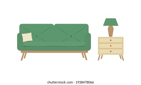 Möbelset. Grünes Sofa, Nachttisch, Tischlampe, Kissen. Vektorflache Illustration.