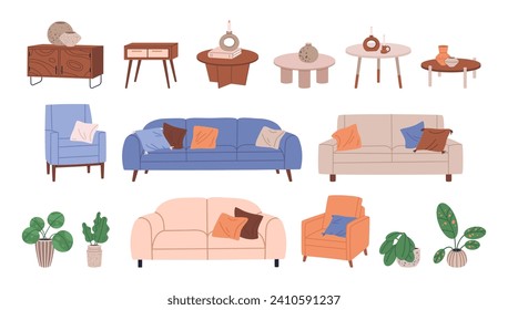 Furniture set. Home interior minimalistic decorations, couch, armchair, sofa and coffee table. Hand drawn house interior elements flat vector illustration set. Cozy living room collection