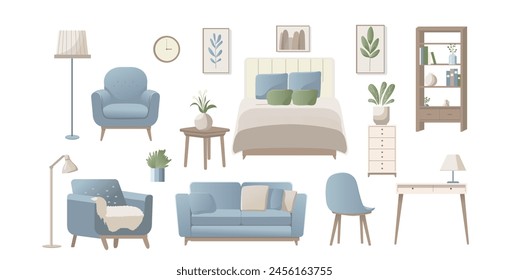 Conjunto de muebles para el interior del hogar. Sofá, sofá cama, silla, lámparas de pie, mesa de centro de madera y maceta en estilo escandinavo. Ilustraciones vectoriales planas aisladas sobre fondo blanco