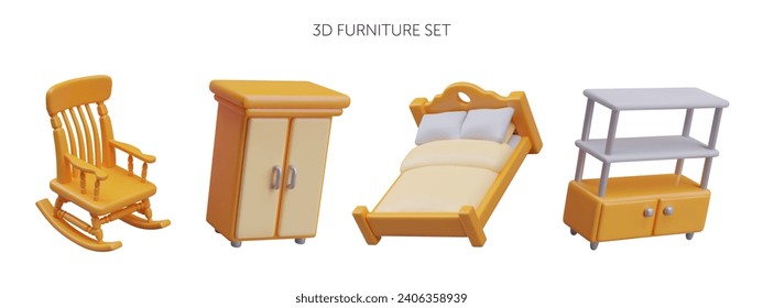 Furniture set for home in yellow colors. Realistic rocking chair, closet, big bed for comfortable sleeping and wardrobe. Vector illustration in 3d style