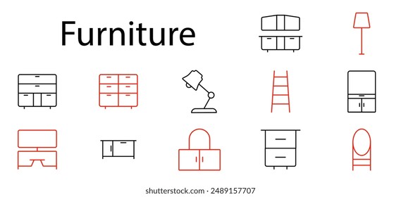 Furniture set icon. Cabinet, lamp, dresser, desk, chair, shelf, table, wardrobe, drawer, interior, home decor, furnishing, design, storage, home, furniture.