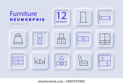 Furniture set icon. Chair, table, wardrobe, cabinet, bed, armchair, chest, drawer, kitchen, decor, interior, storage.