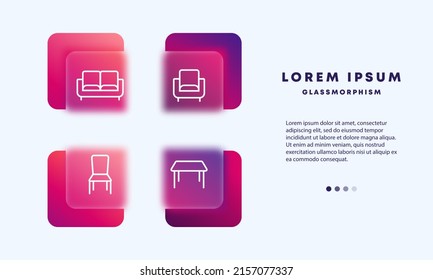 Furniture set icon. Sofa, armchair, chair, table, comfortable, wooden, soft, leisure, person, home, family. Comfort concept. Glassmorphism style. Vector line icon for Business and Advertising.