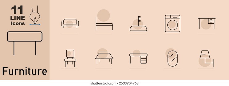 Icono de conjunto de muebles. Sofá, cama, cinta métrica, lavadora, escritorio de oficina, silla, mesa de comedor, tocador, espejo de cuerpo entero, lámpara.