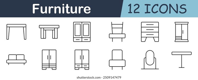 Furniture set icon. Table, chair, wardrobe, cabinet, sofa, dresser, armchair, mirror, interior, home, furnishing, decor.