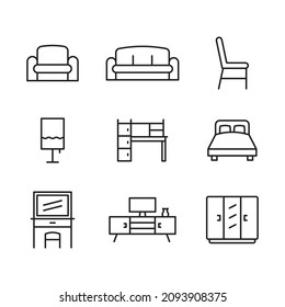 furniture set icon. table, cupboard, chair, sofa, bed icon suitable for furniture business, internet, web design graphic assets, applications, print media, etc. EPS 10 vector line icon