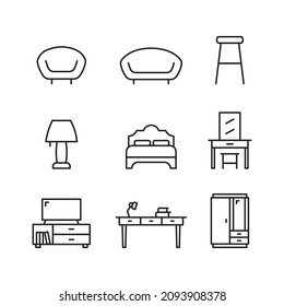 furniture set icon. table, cupboard, chair, sofa, bed icon suitable for furniture business, internet, web design graphic assets, applications, print media, etc. EPS 10 vector line icon