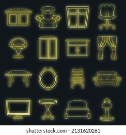 Furniture set icons in neon style isolated on a black background