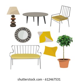 furniture set interior design element collection.sofa, table, lamp, mirror, cushions, pot tree plant.vintage retro modern classic hone decor decoration.bright, cute, yellow, isolated, stylish.
