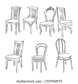 Furniture set. Interior detail outline collection: chair, armchair, stool. wooden chair vector sketch illustration