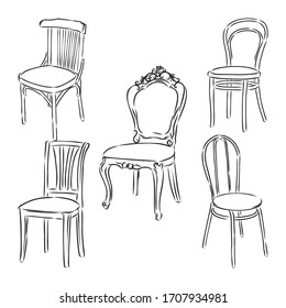 Furniture set. Interior detail outline collection: chair, armchair, stool. wooden chair vector sketch illustration