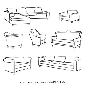 Furniture Set. Interior Detail Outline Collection: Bed, Sofa, Settee, Armchair.