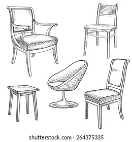 Furniture set. Interior detail outline collection: chair, armchair, stool.