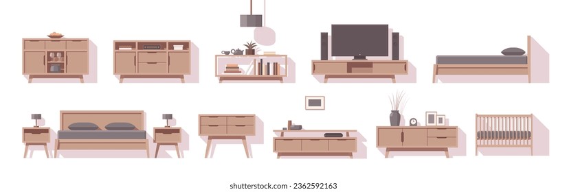 Furniture set. Interior furniture. Flat furniture. Cabinets beds and other. Vector illustration