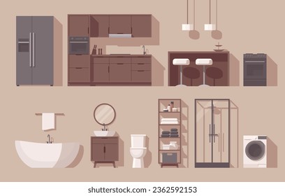 Furniture set. Interior furniture. Flat furniture. Kitchen bathroom furniture and other. Vector illustration