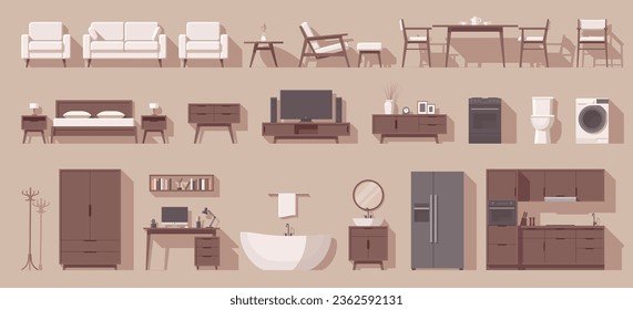 Conjunto de muebles. Mobiliario interior. Mobiliario plano. Salón dormitorio cocina baño y otros muebles. Ilustración del vector