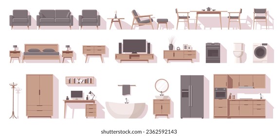 Furniture set. Interior furniture. Flat furniture. Living room bedroom kitchen bathroom furniture and other. Vector illustration